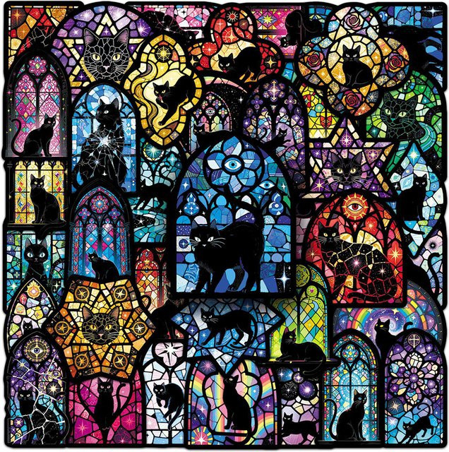 Rspctou Vintage Katzen Aufkleber im Gothic-Stil, Bunte Glas- und Schwarze Katzen Sticker aus PVC für DIY Dekoration, Multicolor - Bild 1