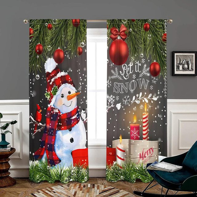 2er-Set Weihnachts Vorhänge mit Kiefernzweig und Schneemann Motiv, Schwarz, B: 150 cm, H: 166 cm - Bild 1