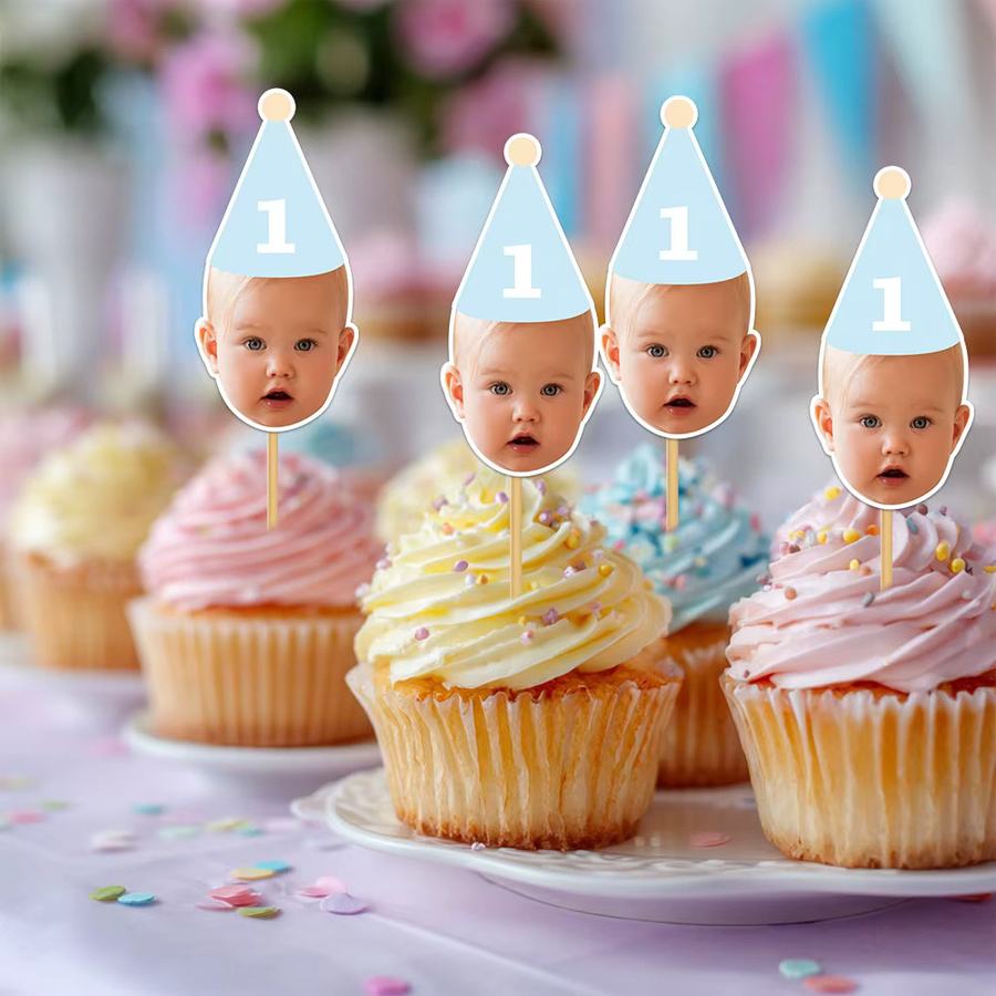 Joy-enlife Individuelle Kuchenaufsätze mit Gesichtsfoto und Altersnummern sowie Geburtstagshut-Muster in Multicolour, 6 oder 12 Stück für deine Kindergeburtstagsparty - Bild 2