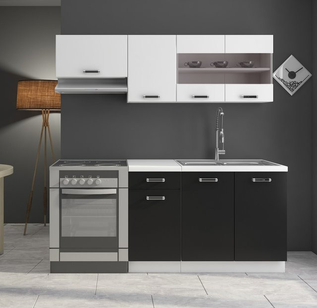 Küchenzeile Omega Mini Singleküche in Schwarz und Weiss, Breite: 180 cm - Bild 1