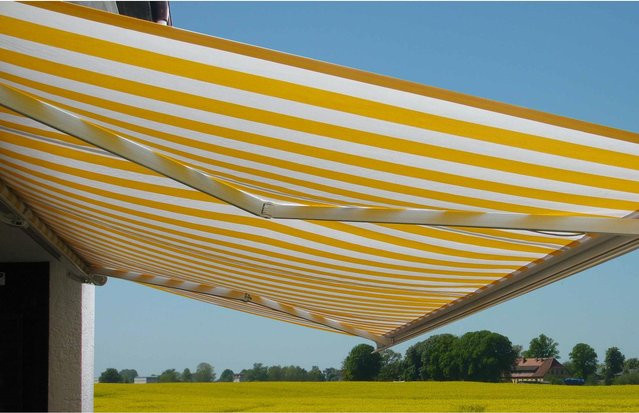 Elektrische Kassettenmarkise MCW H122 Vollkassette aus Acryl in Gelb/Weiß B: 4 m, T: 3 m - Bild 1