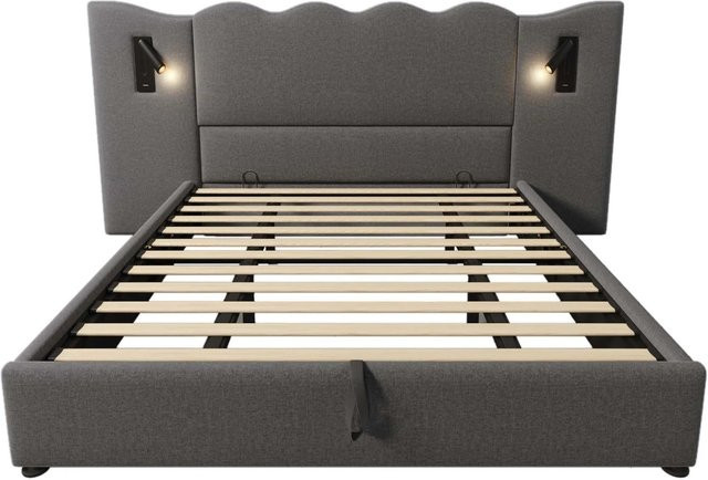 Merax Polsterbett in Grau mit integrierter Leselampe und USB-Anschluss, B/T: 180 x 200 cm - Bild 1