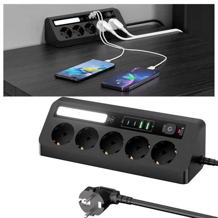 Wandmontierte Tisch-Ecksteckdose in Schwarz mit 5 Steckdosen, 2 USB-C-Anschlüssen und 90 Grad Dreieckdesign - Bild 2