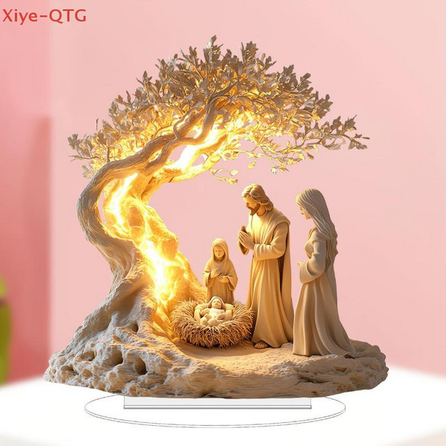 WHPHous Weihnachtliche Krippe Jesus Geburt Szene als 2D Acryl Ornament in Beige zur Tischdekoration - Bild 1