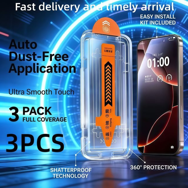 3er-Pack PJPK Displayschutz mit oleophober Beschichtung für iPhone 17 16 15 14 13 12 11 Pro Max und weitere Modelle, transparent - Bild 1