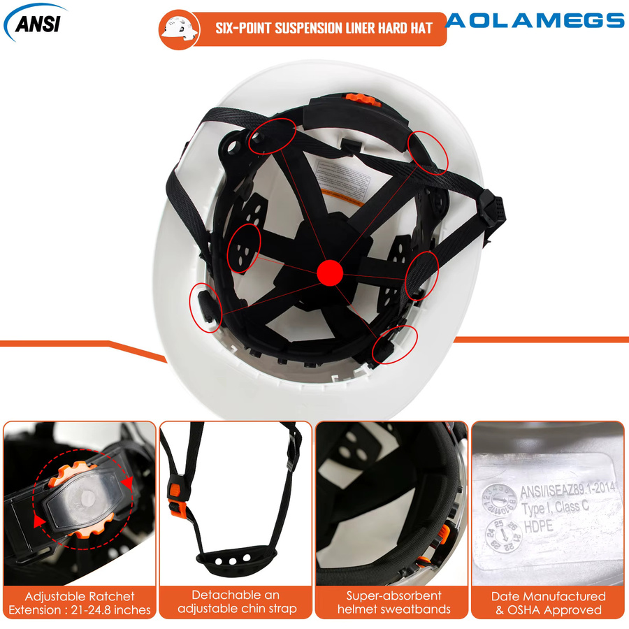 Aolamegs Industriearbeitshelm mit Stirnlampe, Schutzbrille und Ohrenschützern, CE-zertifizierter Sicherheitshelm mit voller Krempe und atmungsaktiver Konstruktion - Bild 6