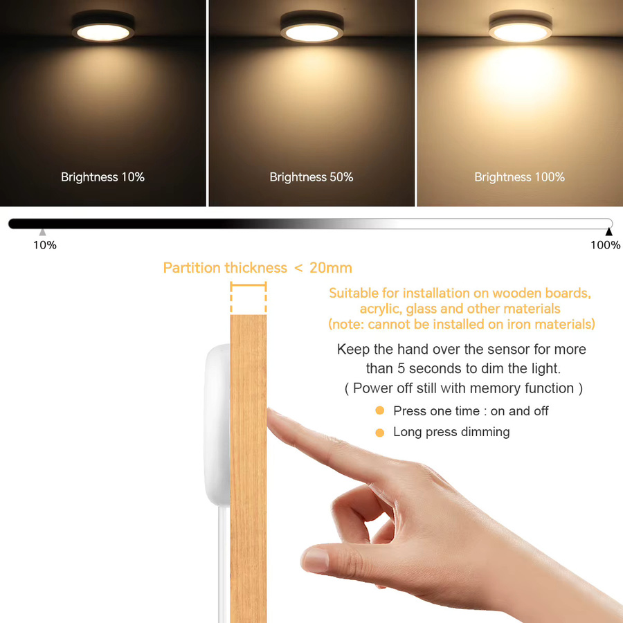 MALITAI Ultradünne LED-Deckenplattenleuchte in Weiß, 5W, dimmbar mit Touch-Sensor, runde Puck-Leuchte für Schrank, Regal und Möbel - Bild 3