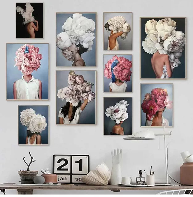 Potdemiel Abstrakte Leinwandmalerei mit Blumen und Porträt für deine Wanddekoration - Bild 1