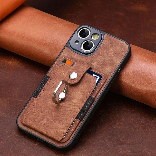 Leder Brieftasche und Telefonhülle für Apple iPhone 15 14 13 12 11 Pro Max XR XS X 8 7 Plus mit Kartensteckplätzen und magnetischem Fingerringhalter in Braun - Bild 1