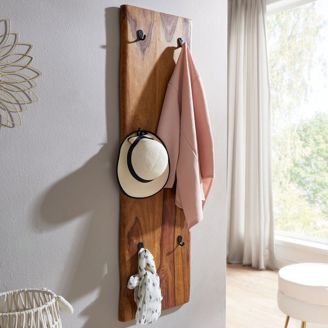KADIMA DESIGN Wandgarderobe aus Sheesham Massivholz und Metall in Braun mit natürlichen Baumkanten und 6 Haken, B/H: 140 x 40 cm - Bild 1
