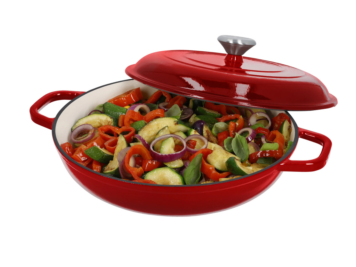 SILVERCREST Premium-Gusseisenservierpfanne aus emailliertem Gusseisen in Rot, Durchmesser: 30 cm - Bild 4