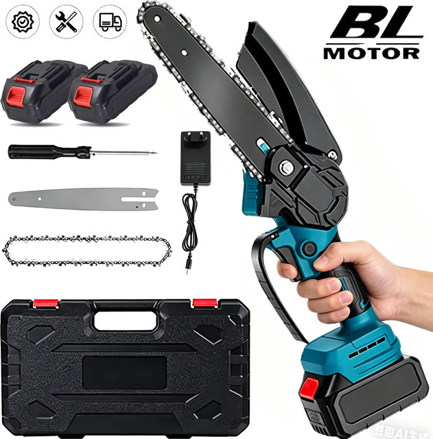 Tragbare 21V Akku-Mini-Kettensäge mit 8 Zoll Scherschwert, elektrische Kettensäge inklusive 2 wiederaufladbaren Akkus und 2 Ersatzketten für die Gartenpflege - Bild 1