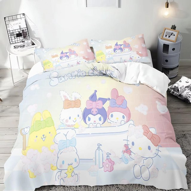 Miniso Bettwäscheset mit Cinnamoroll, Kuromi und My Melody Aufdruck, inklusive 2 Kissenbezügen, Größe: 180 x 210 cm - Bild 1
