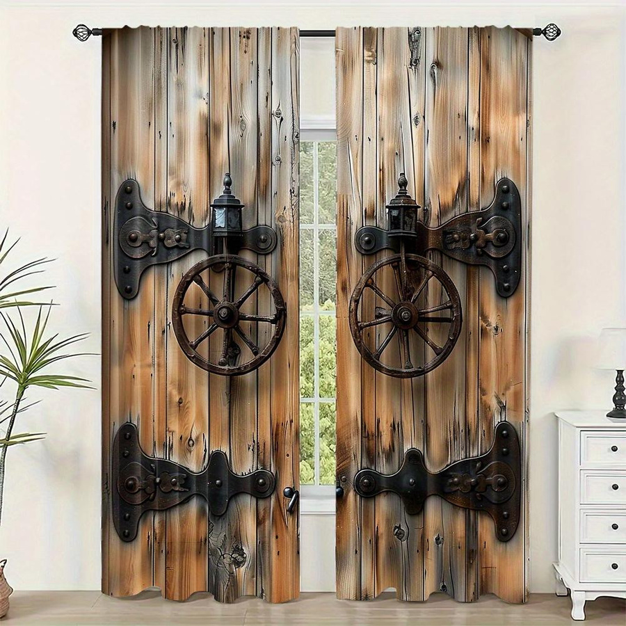 2-teiliger halbverdunkelnder Vorhang mit Holztürdruck von Household supplies MH in Braun, B: 100 cm, H: 130 cm - Bild 2