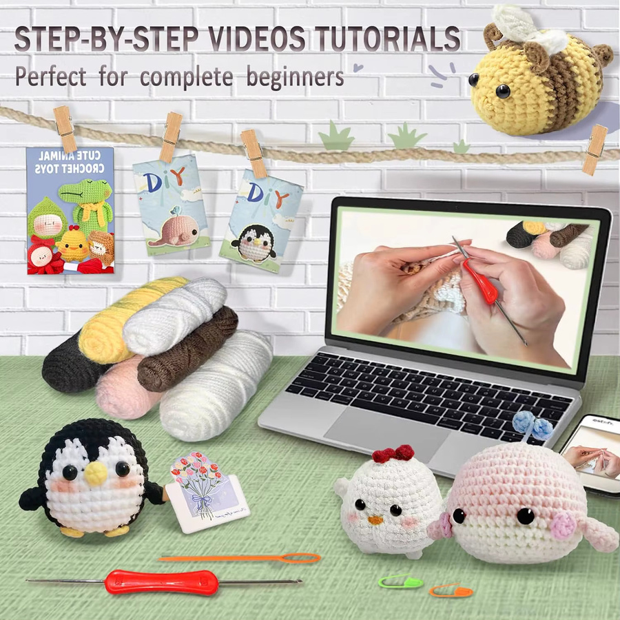 YAMAXIN Häkelset Wal-Küken-Pinguin-Bienen, 4er-Pack, Amigurumi-Strickset - Bild 3