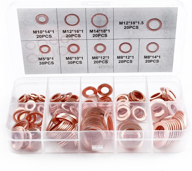 200-teiliges Messing-Unterlegscheiben-Set als Dichtungs-Sortiment für Sumpfstopfen, Farben: Gold und Messing, Größen: M4 M5 M6 M8 M10 M12 M14 - Bild 1