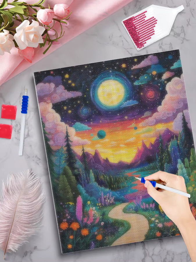 SDOYUNO Diamantmalerei Landschaft 5D DIY Kreuzstich Set mit Berg und Mond in Multicolor, Breite: 30,0 cm, Höhe: 20,0 cm - Bild 4
