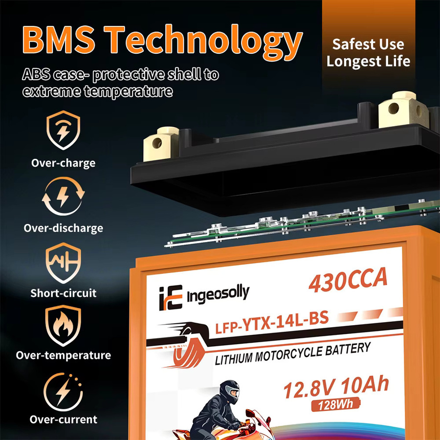 Ingeosolly 14L-BS 12V 10Ah LiFePO4 Motorradbatterie mit BMS-Spannungsanzeige, wartungsfreie Lithium-Eisenphosphat-Starterbatterie für Yamaha Honda Suzuki ATV Roller und Schneemobil - Bild 3