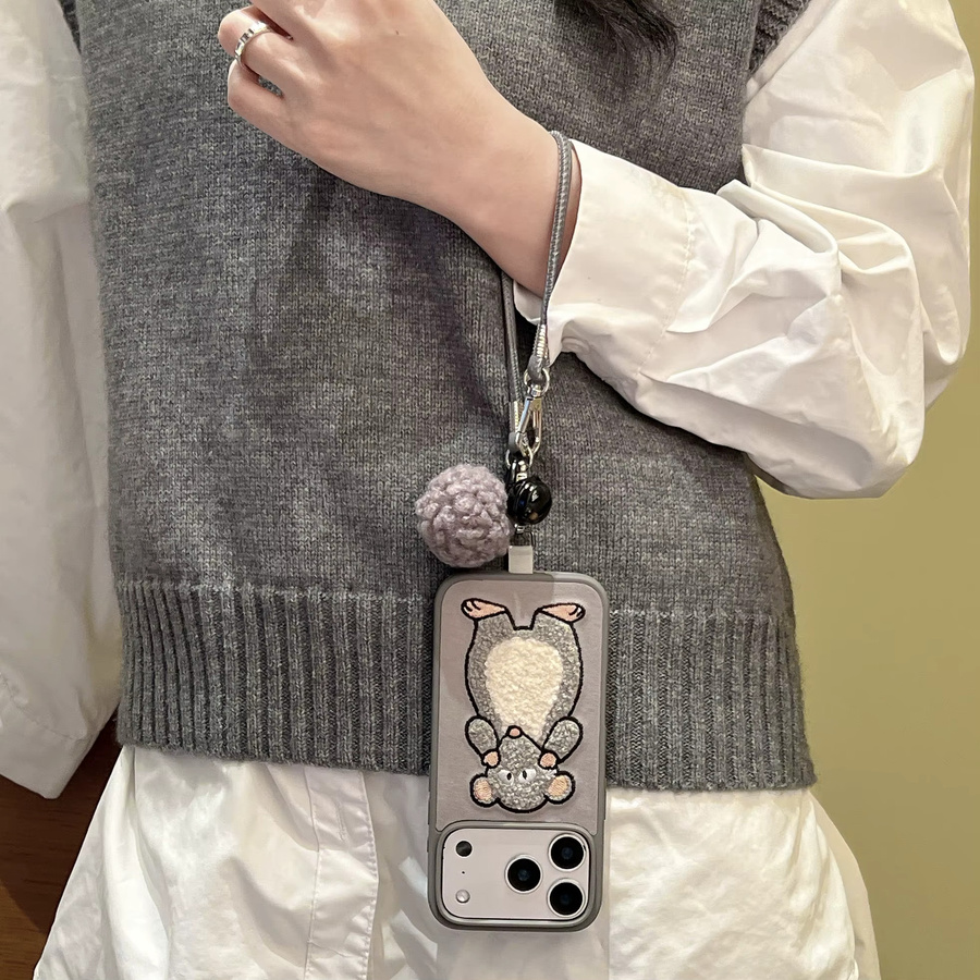 JINHR Cartoon Plüsch Handyhülle mit Wise-Maus Stickerei, Handschlaufe, Glocke und Trageband für iPhone 17 16 15 14 13 Pro Max, Grau/Silber - Bild 4