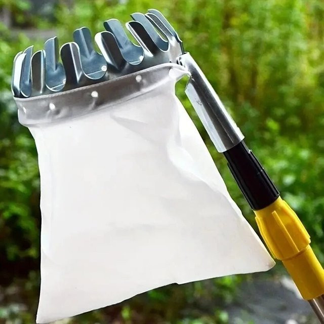 Obstpflücker-Werkzeug aus Metall mit Korbkopf in Silber und Gelb für die Obsternte im Garten - Bild 1