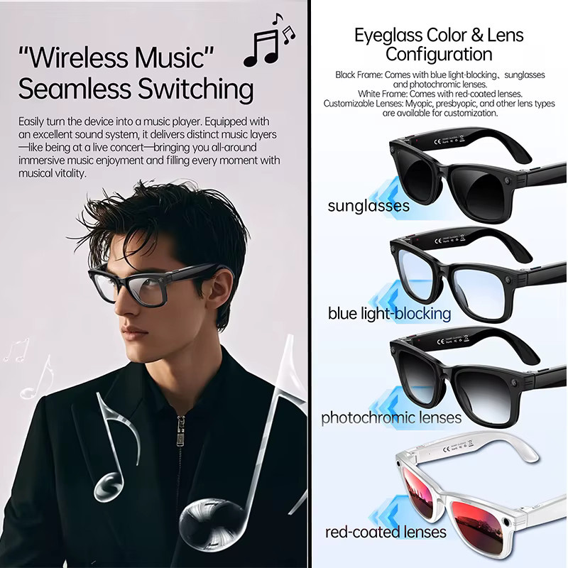 Yaocx KI-Smart-Brille in Schwarz mit 13MP-Kamera, Videoaufnahme, KI-Fotoerkennung, Bluetooth-Anruffunktion, Musikwiedergabe und Blaulichtfilter - Bild 5