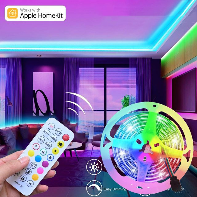 CENFAYA RGB-LED-Streifen Homekit WiFi 5050 mit 60 LEDs/m, 12 V, dimmbar, Multicolor, inkl. RF-Fernbedienung und Siri-Sprachsteuerung - Bild 1
