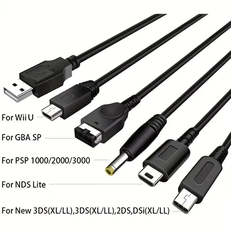 5-in-1 USB-C Ladekabel für Nintendo New 3DS XL, Nds Lite, Ndsi Ll, Wii U, GBA und Sony PSP 1000/2000 in Schwarz - Bild 3