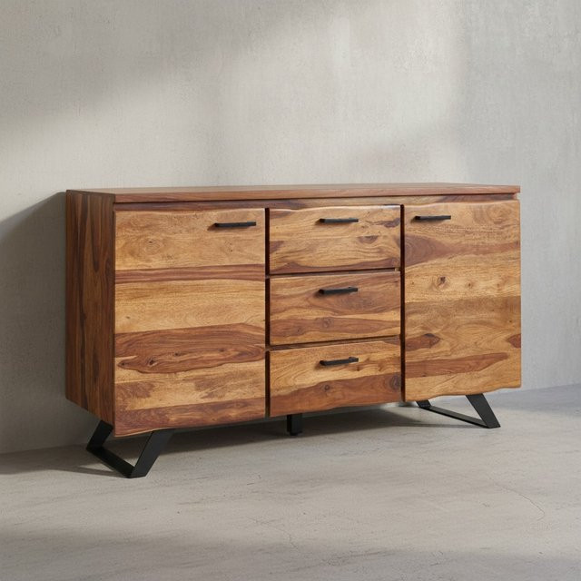 KADIMA DESIGN Sheesham Sideboard aus Massivholz mit Metallgestell in Braun, B/T/H: 145 x 45 x 82 cm - Bild 1
