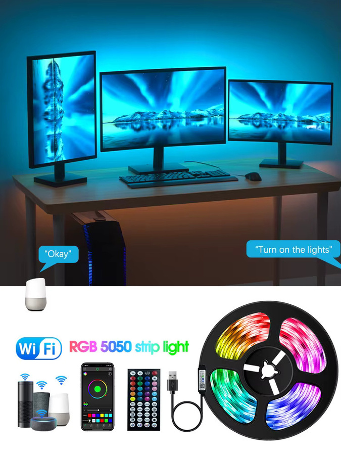 RGB LED Lichtstreifen mit Bluetooth und WiFi zur App-Steuerung und Fernbedienung, 5050 SMD LED Band für TV Hintergrundbeleuchtung und Schlafzimmer, USB 5V, Mehrfarbig - Bild 6