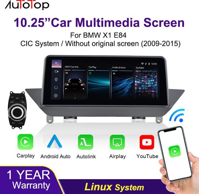 AUTOTOP 10,25 Zoll Wireless Carplay und Android Auto Touchscreen für BMW X1 E84 2009-2015, Schwarz, mit Wifi und YouTube-Unterstützung für CIC-System oder ohne Werksbildschirm - Bild 1
