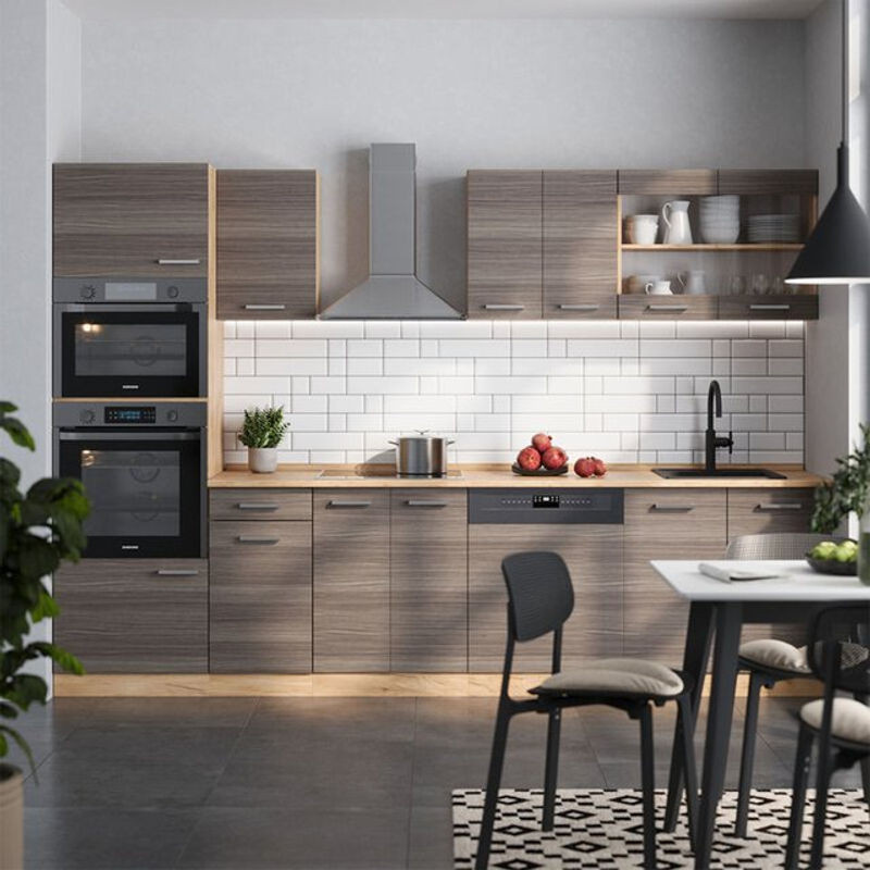 Vicco Küchenzeile R-Line in Edelgrau und Goldkraft Eiche mit Hochschrank und Marmor-Optik, Breite: 300 cm - Bild 1