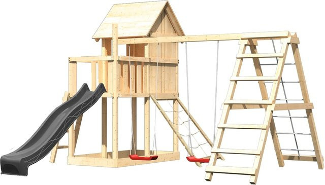 Karibu Spielhaus Frieda aus Massivholz mit Rutsche, Schaukel und Netzrampe in Natur-Anthrazit - Bild 1