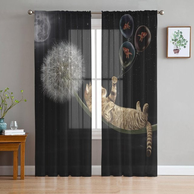 Transparente Tüll-Vorhänge mit Löwenzahn, Goldfisch und Katzen-Motiv in Grau, Breite: 135 cm, Höhe: 115 cm - Bild 1