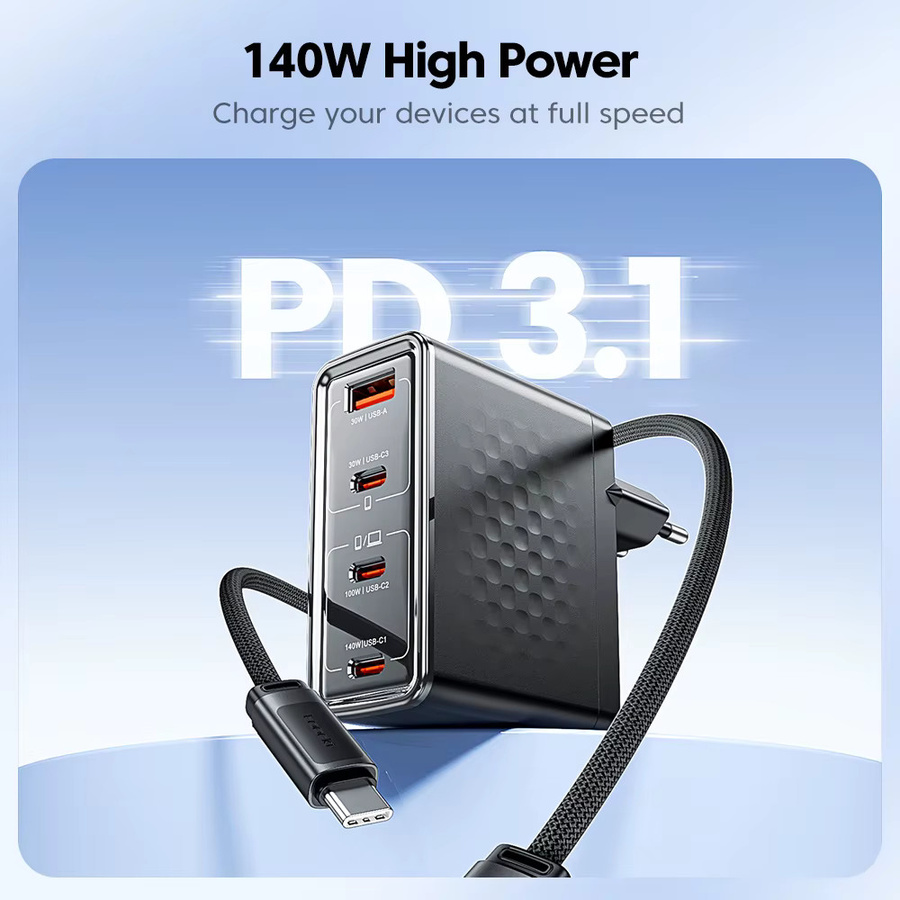 Toocki 140W GaN Ladegerät mit USB-C, PD3.1, QC4.0 und PPS in Schwarz - Bild 2