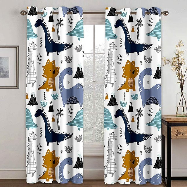 Yiran Furniture Dinosaurier Vorhänge für Kinderzimmer, 2er-Set mit Ösenaufhängung, mehrfarbig, B: 50 cm, H: 130 cm - Bild 1