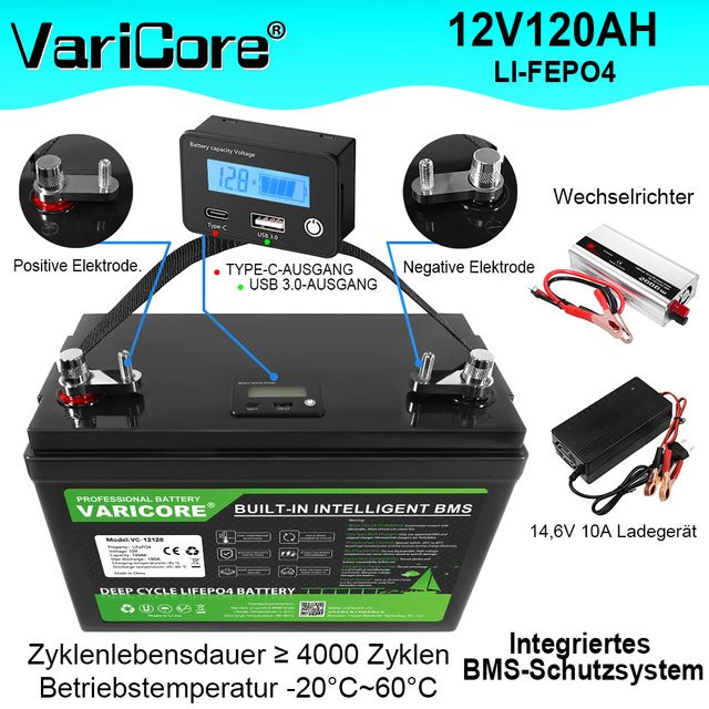 VariCore 12V 120Ah LiFePO4 Batterie mit integriertem BMS und USB 3.0 Type-C in Schwarz für Wohnmobil, Camping, Solar und Marine - Bild 1