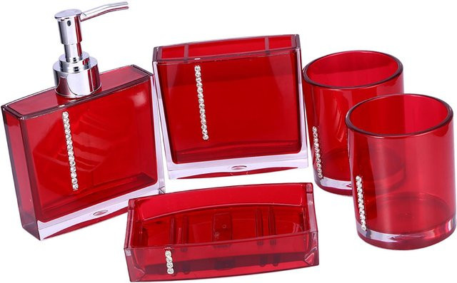 5-teiliges Fishine Badezimmerzubehör Set aus Acryl in Rot mit Seifenschale, Zahnbürstenhalter, Flasche und Becher - Bild 1