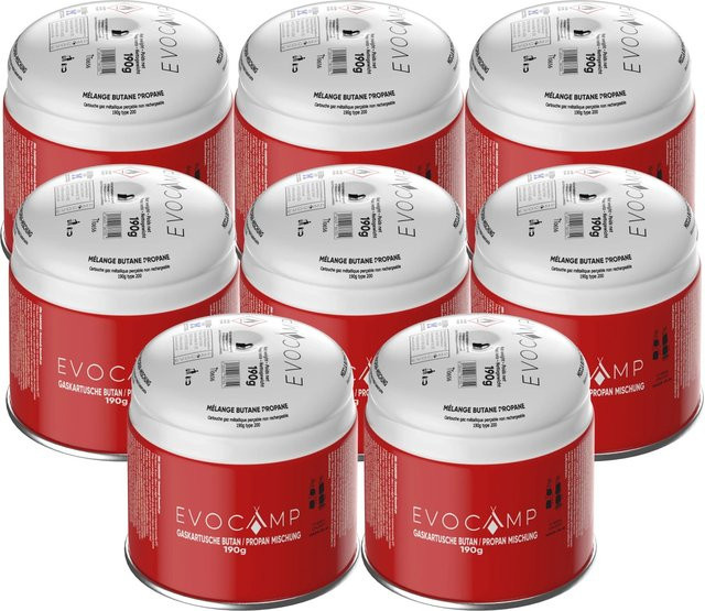 Evocamp Gaskartuschen Set 8 Stück Butan Propan 190g Stechkartusche Typ 200 EN417 mit Sicherheitsventil für Gaskocher - Bild 1
