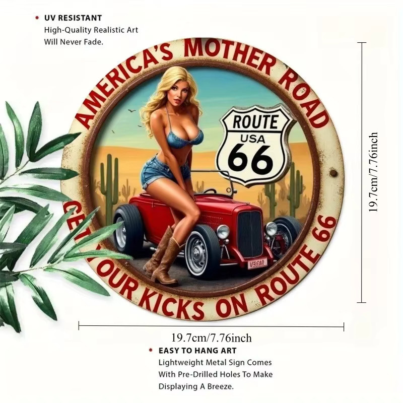 DDPNKL Route 66 Metallschild Retro-Dekoration mit rotem Auto und Pin-Up-Girl in Mehrfarbig, Rund, Durchmesser: 19,7 cm - Bild 3