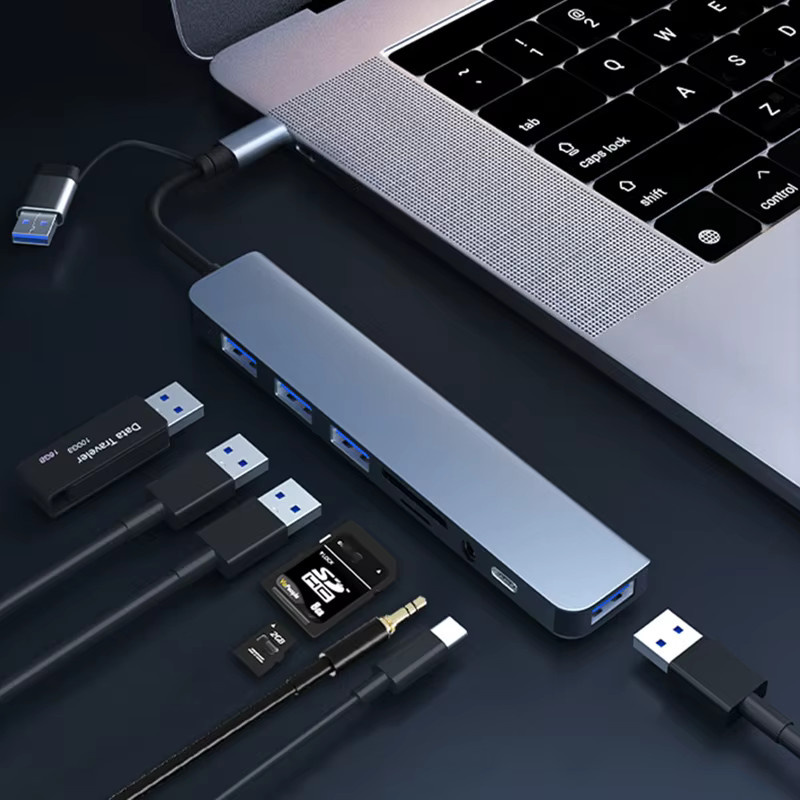 Kebidumei 8-in-2 USB-C Hub Dockingstation mit USB 3.0, 5 Gbit/s Hochgeschwindigkeitsübertragung, USB OTG Adapter in Silber für MacBook Pro - Bild 2