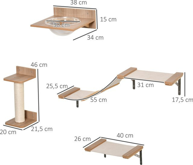 Svintora 4-teiliges Katzen-Wandmöbel-Set aus Holz in Beige mit Hängematte und Höhle - Bild 1