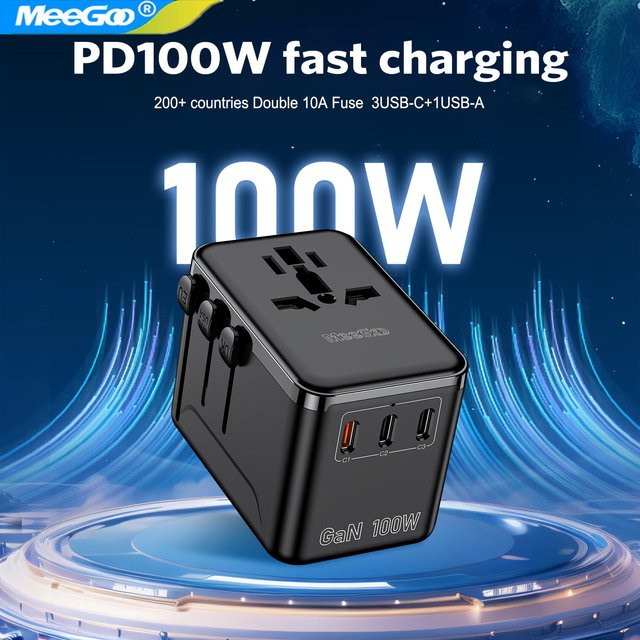 MeeGoo 100W GaN Universal-Reiseadapter in Schwarz mit 1 USB-A und 3 Typ-C Anschlüssen sowie AC Schnell-Ladeadapter für EU, UK, USA und AUS - Bild 1