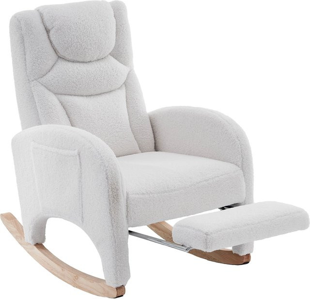 Aosom Schaukelstuhl mit klappbarem Fußhocker aus Teddy-Stoff in Weiß, ergonomisch gepolstert mit Armlehnen, B/T/H: 66 x 96-125,5 x 99 cm - Bild 1