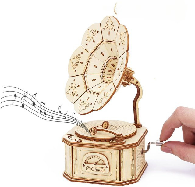 Hedin Craft Gramophone 3D Wooden Music Box Puzzle Konstruktionsmodell ab 14 Jahren - Bild 1