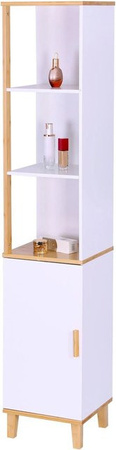 Relaxdays Badezimmerschrank aus MDF und Bambus in Weiß und Natur mit 3 Fächern und verstellbaren Regalböden, H x B x T: 169 x 33 x 31 cm
