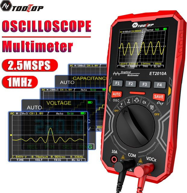 Tooltop ET2010A 2 in 1 Digitales Oszilloskop-Multimeter mit 1 MHz und 2,5 MSPS in Rot - Bild 1