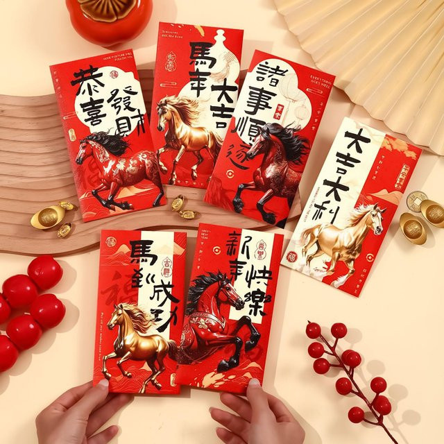 6er Set Rote Chinesische Geldumschläge für das Jahr des Pferdes 2026 aus Papier - Bild 1