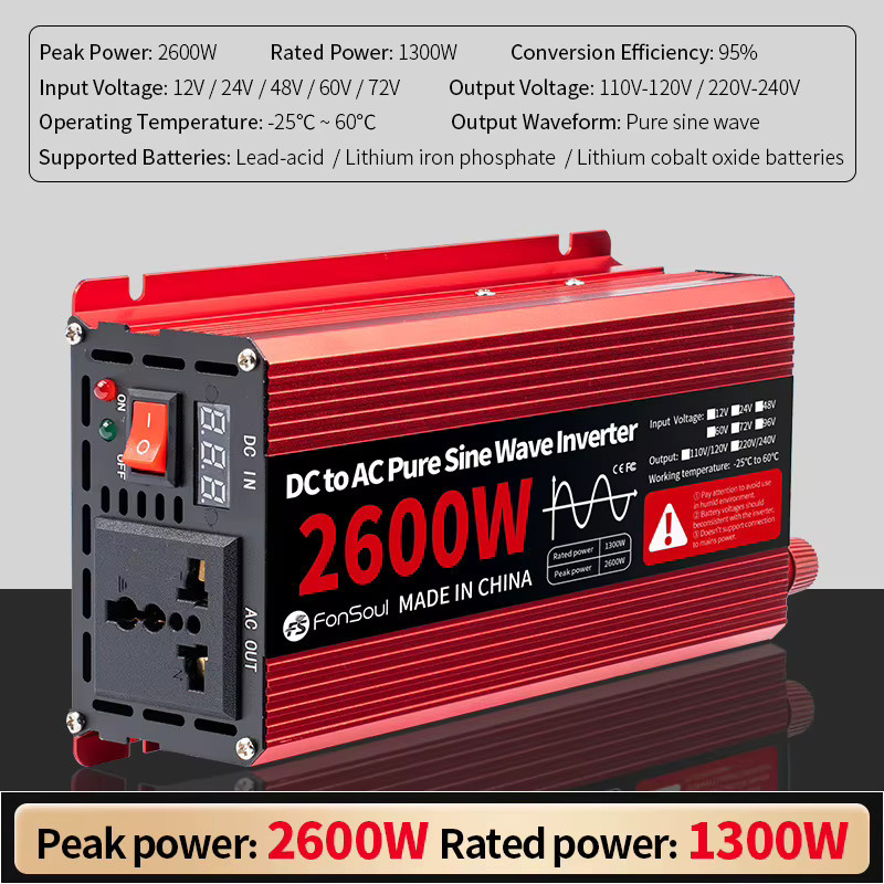 Reiner Sinus Off-Grid Wechselrichter DC zu AC 220 V 230 V 240 V für Autobatterien mit 2600 W und 1600 W in Rot - Bild 2
