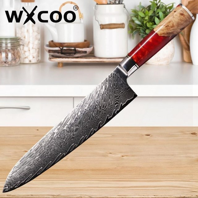 WXCOO 8-Zoll Damaskus Kochmesser Japanisches Multifunktions-Schneidemesser in Silber - Bild 1