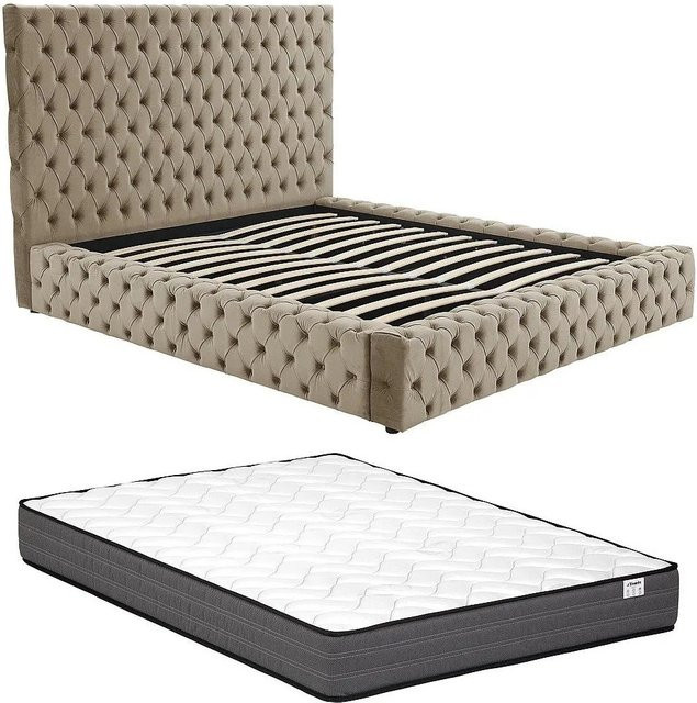 Duleni Bett mit Bettkasten in Taupe und Beige aus Samt, B/T/H: 160 x 200 x 138 cm - Bild 1